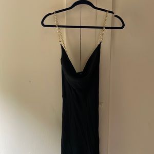 Black cowl neck midi dress with gold chain straps
